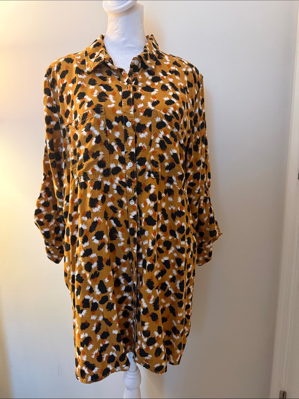 Abstract Animal-Print Mustard Button-Down Shirt